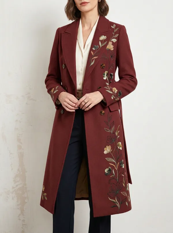 Women's Floral Embroidered Camel Coat
