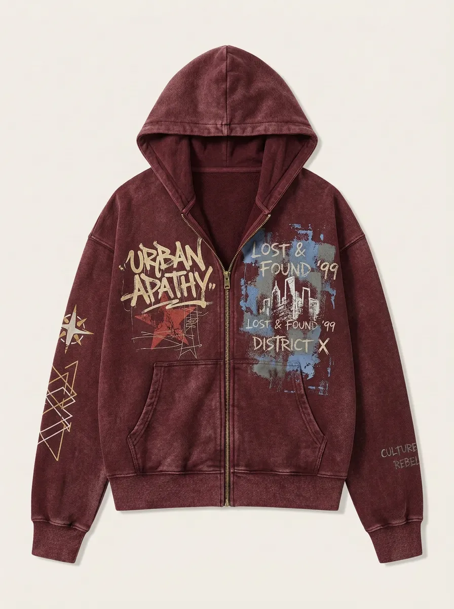 Unisex Streetwear Urban Apathy Graphic Printed Zip-up Hoodie