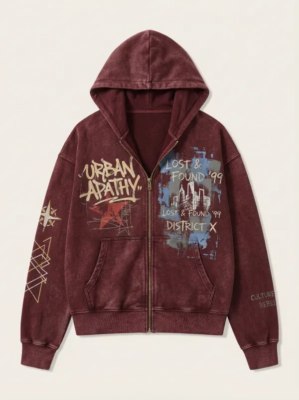 Unisex Streetwear Urban Apathy Graphic Printed Zip-up Hoodie