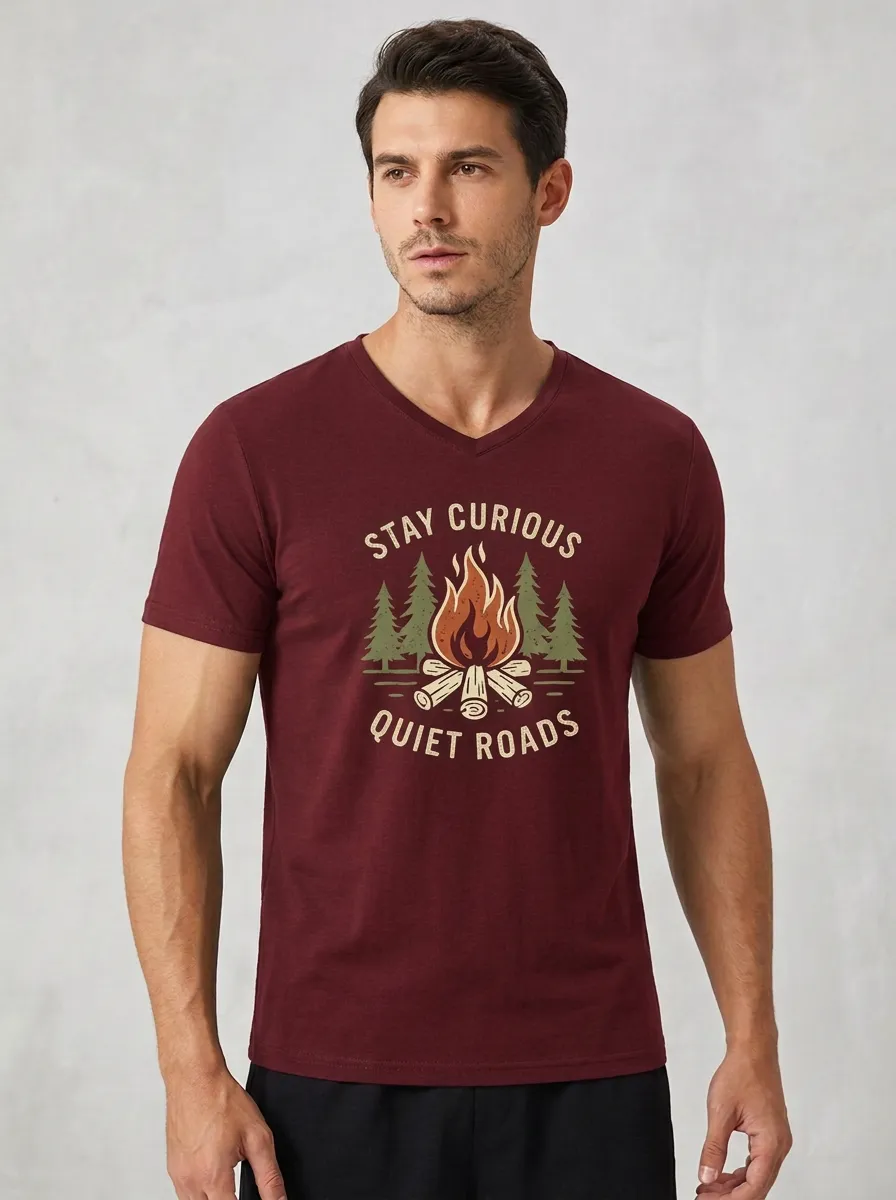 Men's Camping Lover Stay Curious Quiet Roads Printed V-neck T-shirt