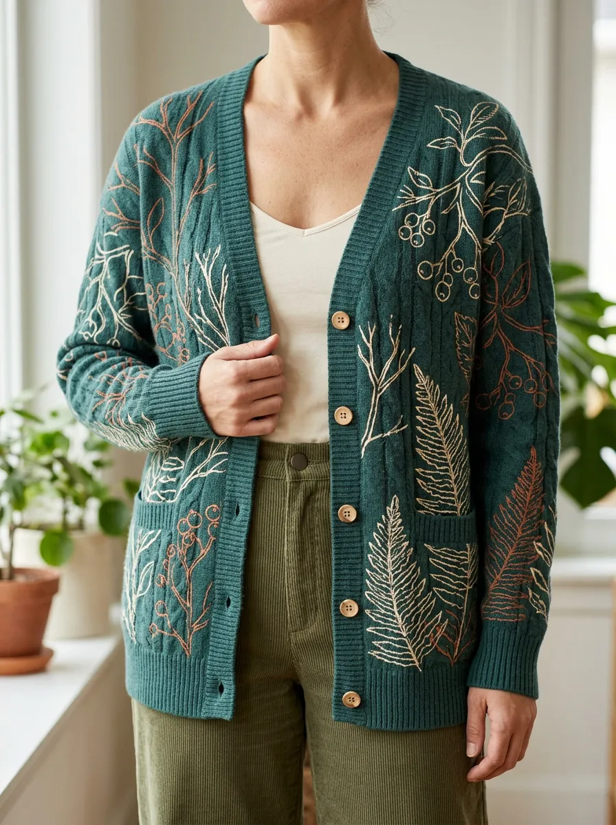Women's Nature Lover Botanical Fern Printed Cardigan