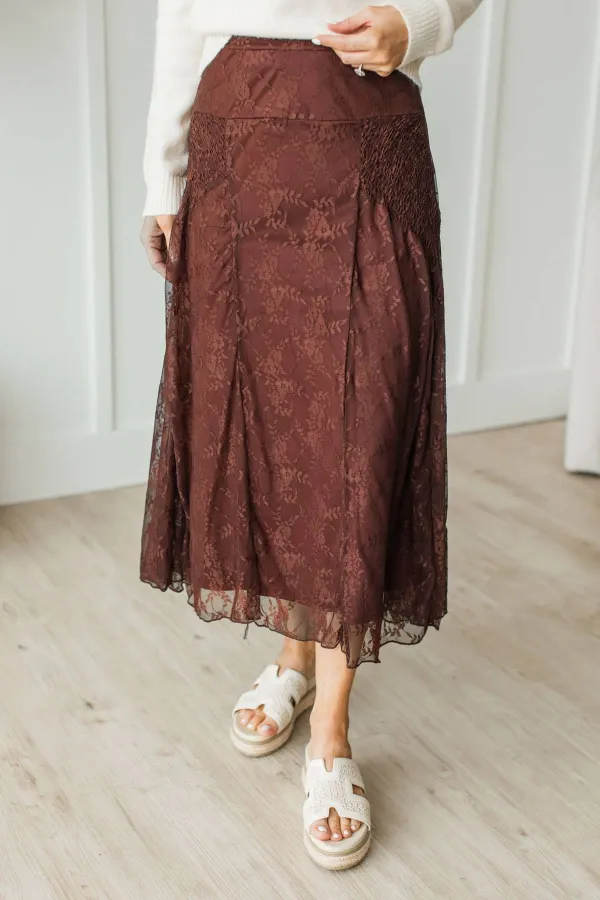 Smocked Floral Lace Midi Skirt
