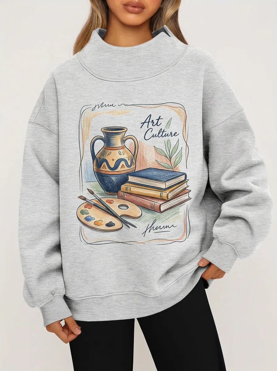 Women's Art Culture Lover Vase Books Palette Graphic Sweatshirt