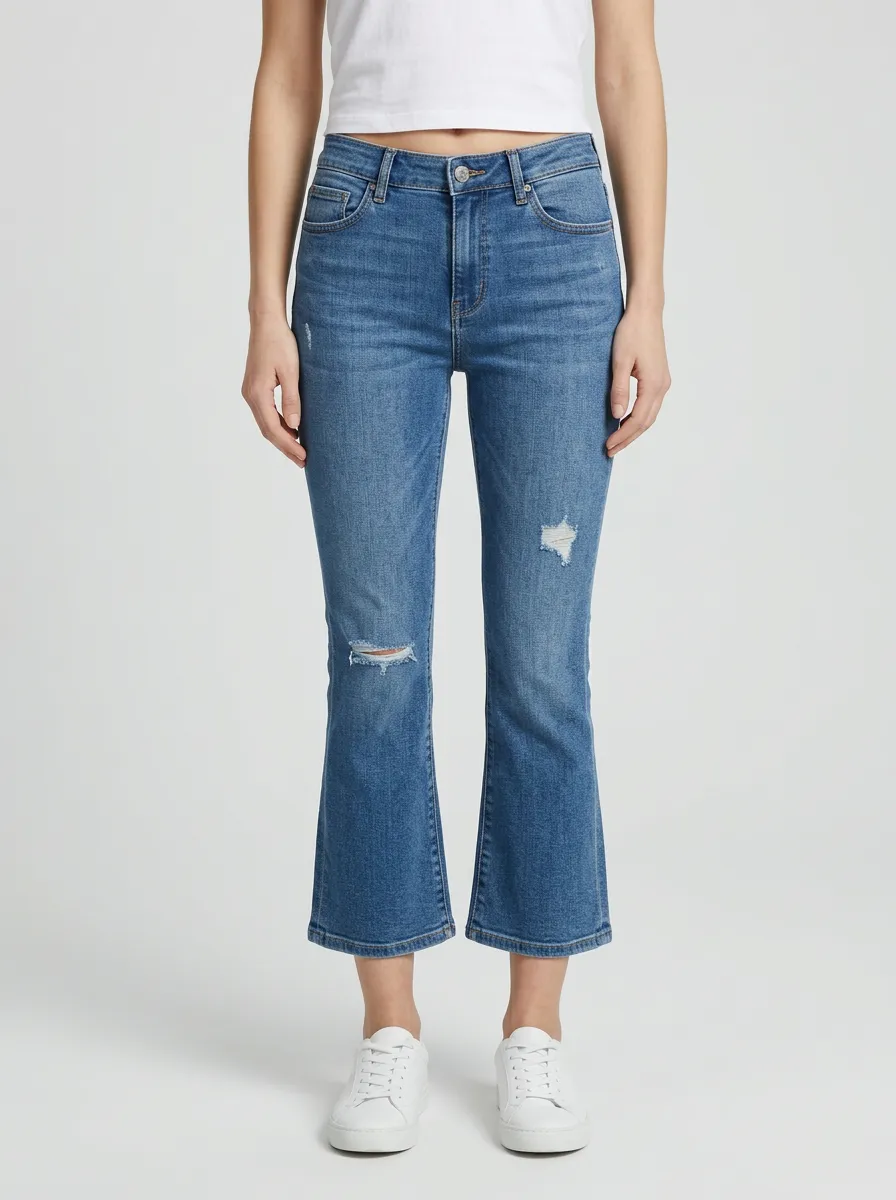 Women's Mid-Rise Whiskered Knee-Distressed Cropped Kick-Flare Jeans