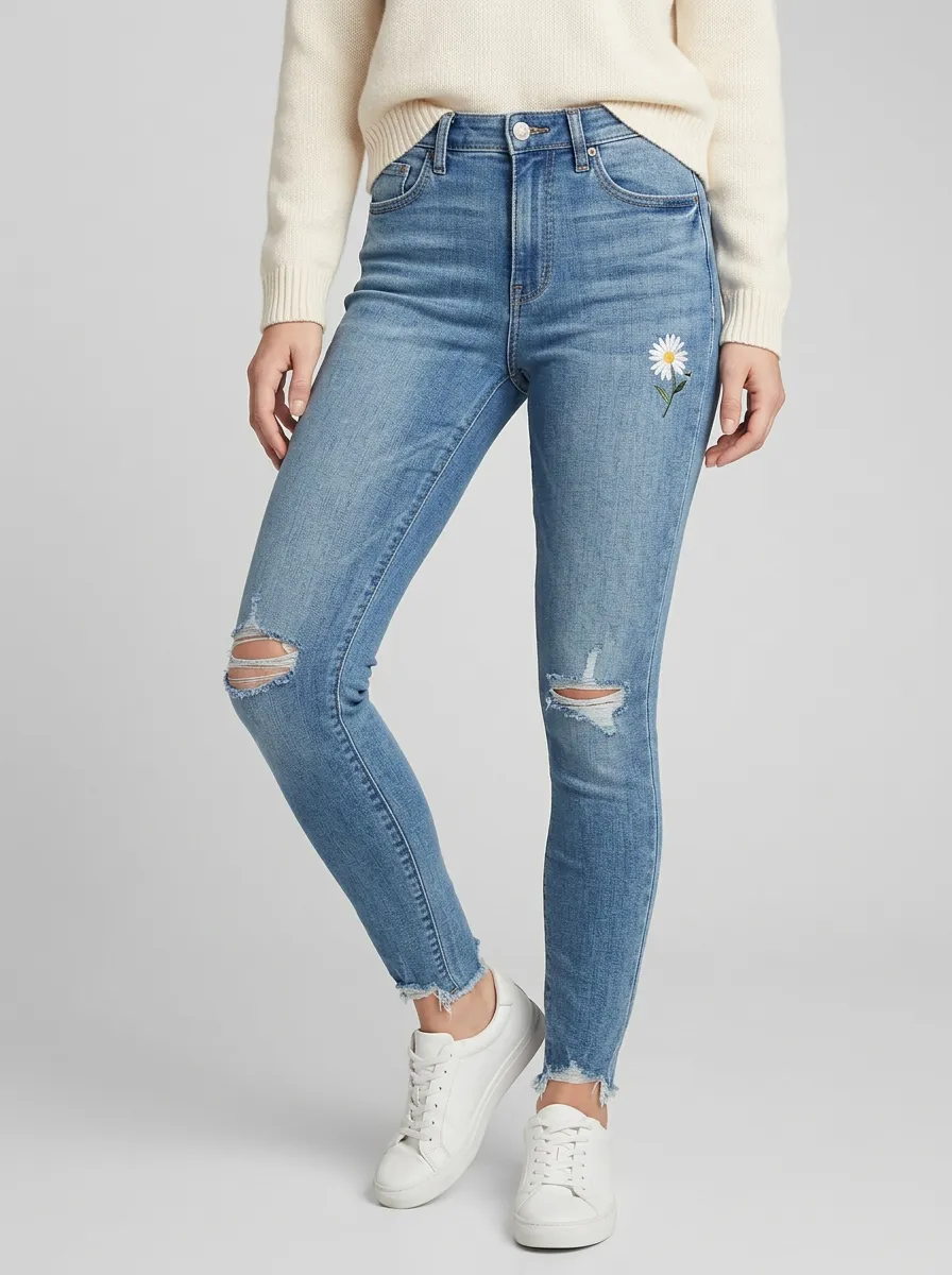Women's Daisy Flower Embroidered Distressed Slim Jeans