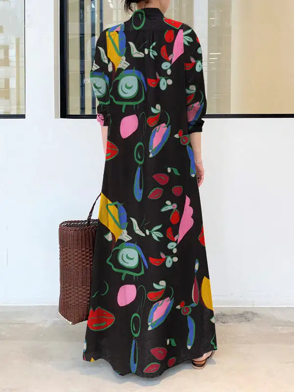 Sleeves Printed Buttoned Long Shirt Maxi Dress