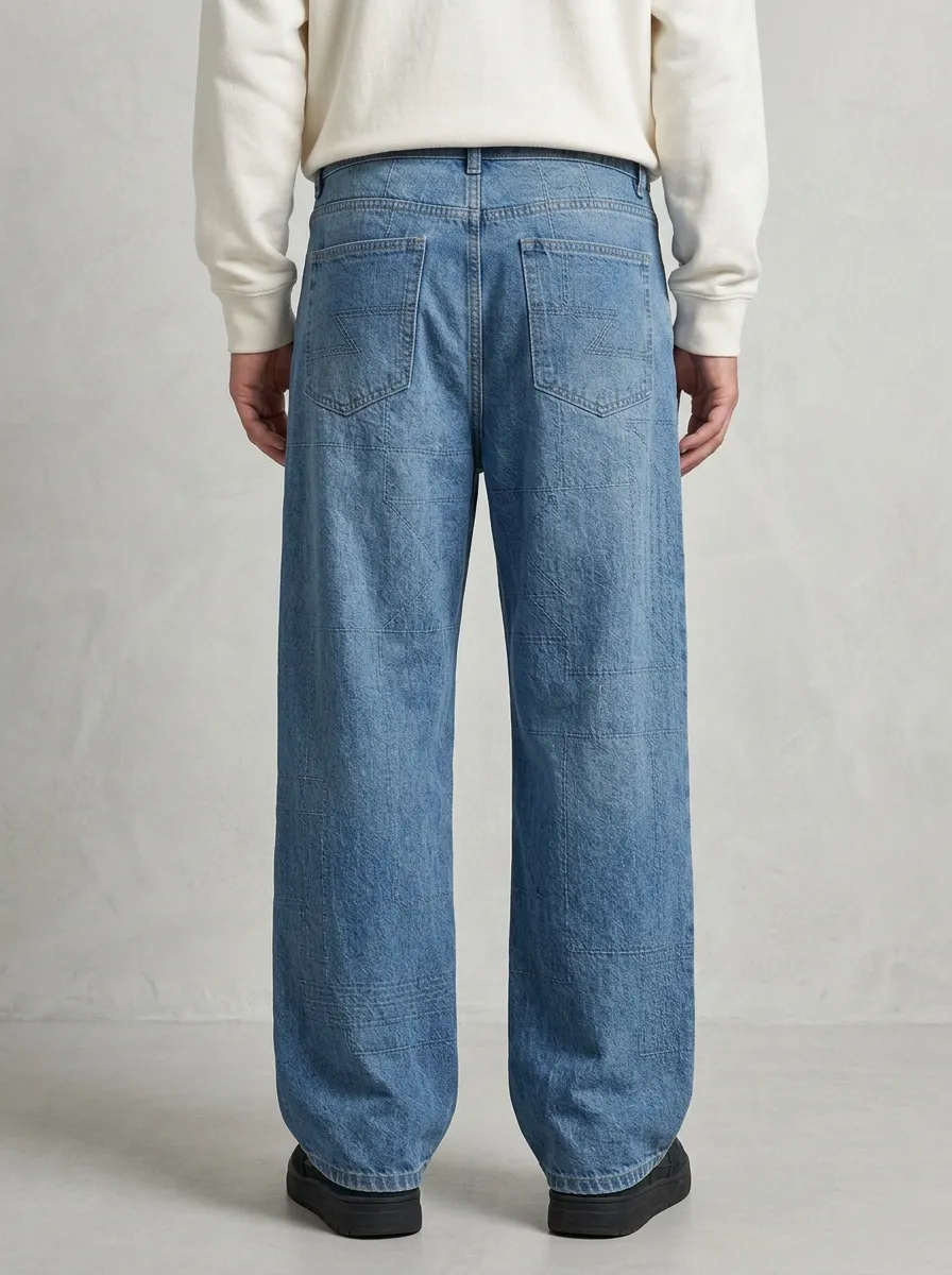 Men's Geometric Star Pattern Stitched Wide Leg Jeans