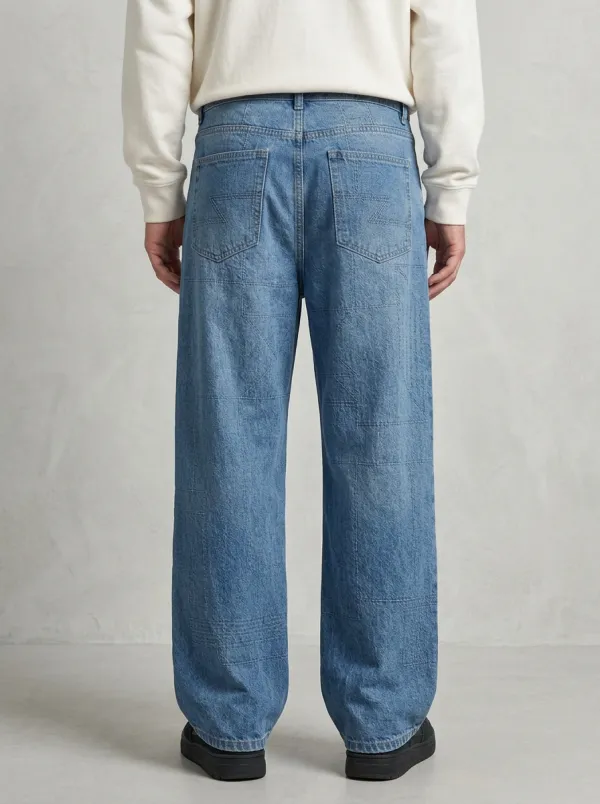 Men's Geometric Star Pattern Stitched Wide Leg Jeans