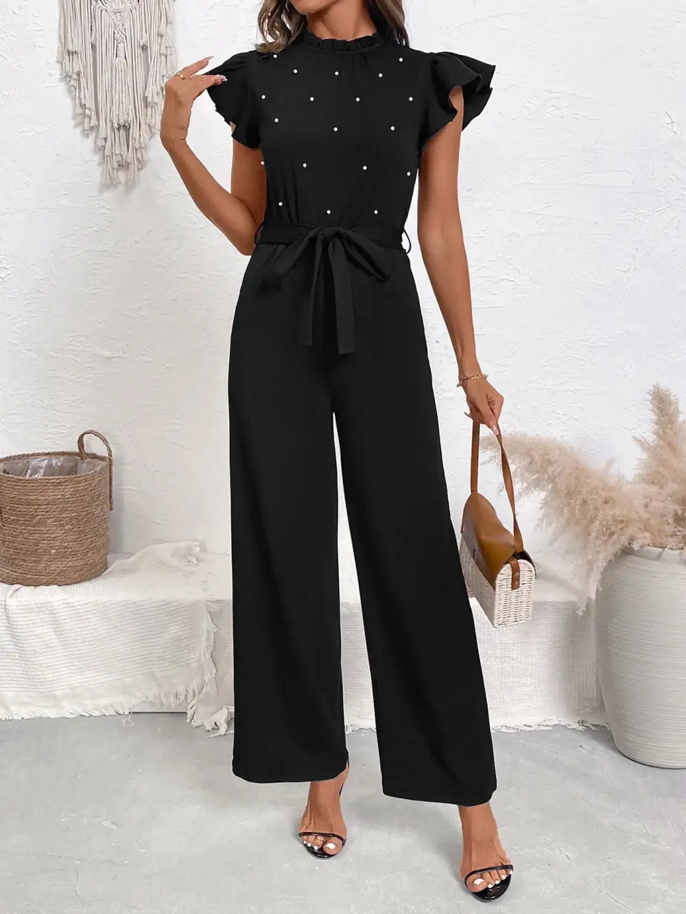 Pearl Detail Ruffled Cap Sleeve Jumpsuit Accessory