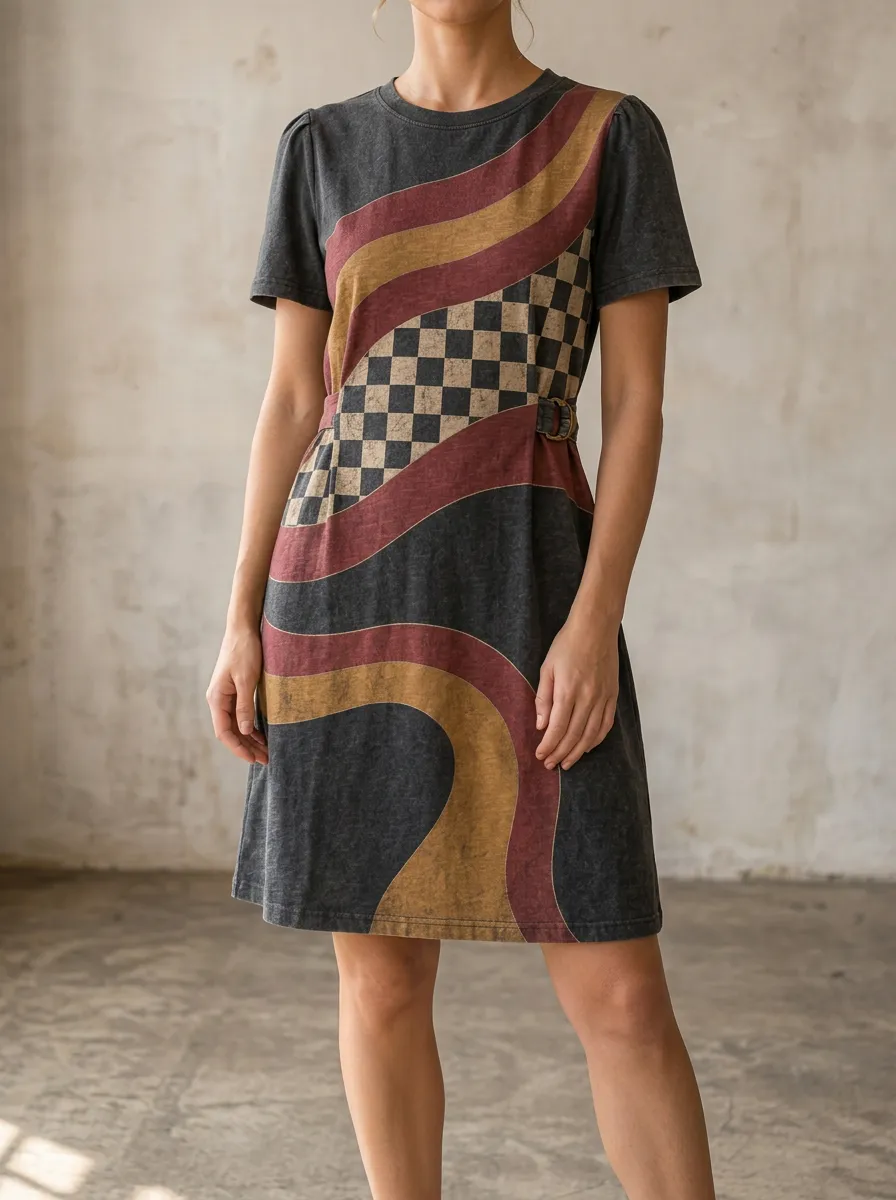 Women's Retro Aesthetic Checkerboard Wavy Printed Dress