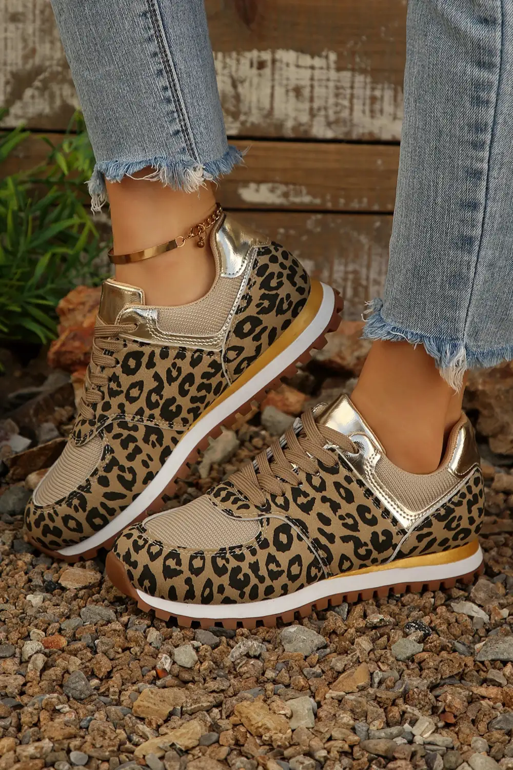 Textured Leopard Faux Suede Patchwork Lace-Up Casual Sneakers