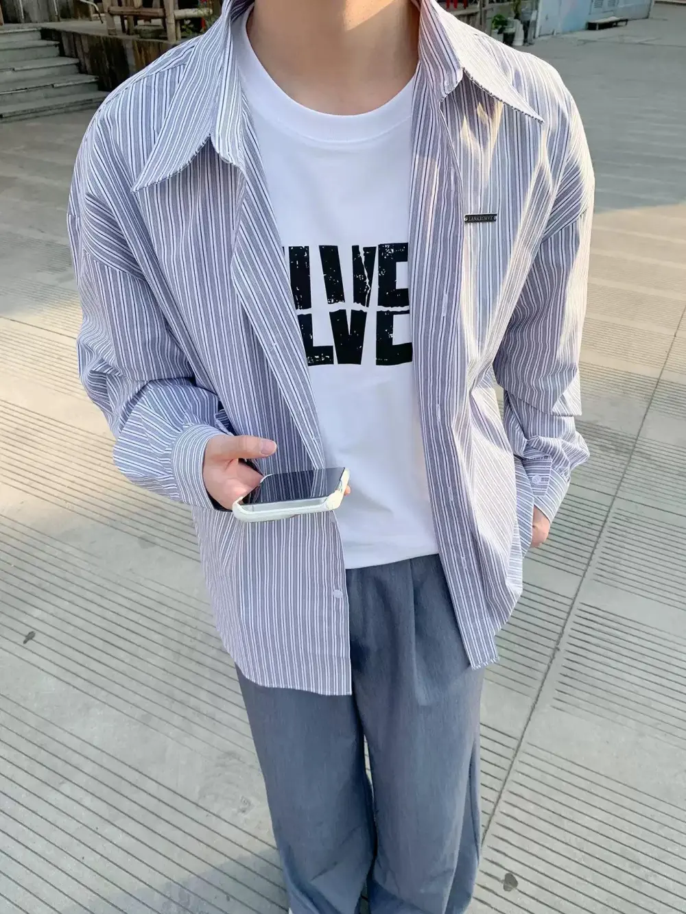 Pointed Collar Striped Shirt