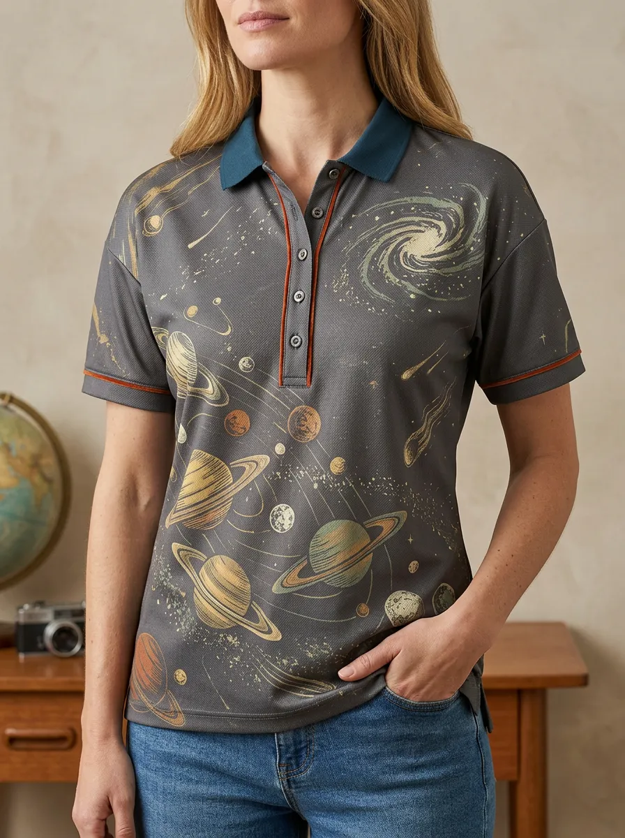 Women's Modern Astronomy Lover Galaxy Planets Polo Shirt