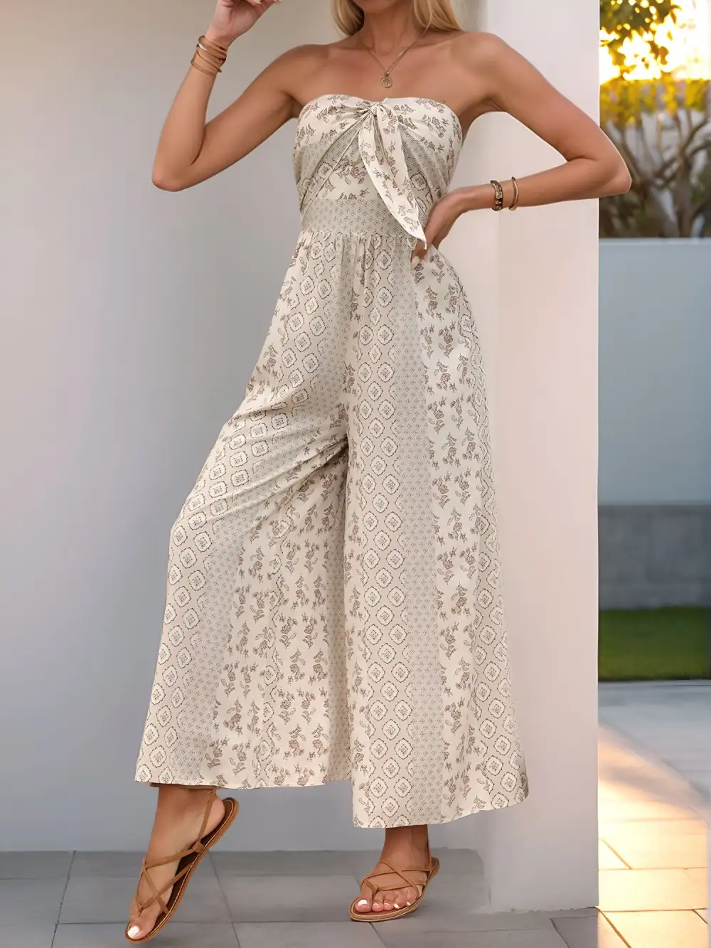 Boho Floral Strapless Wide-Leg Jumpsuit