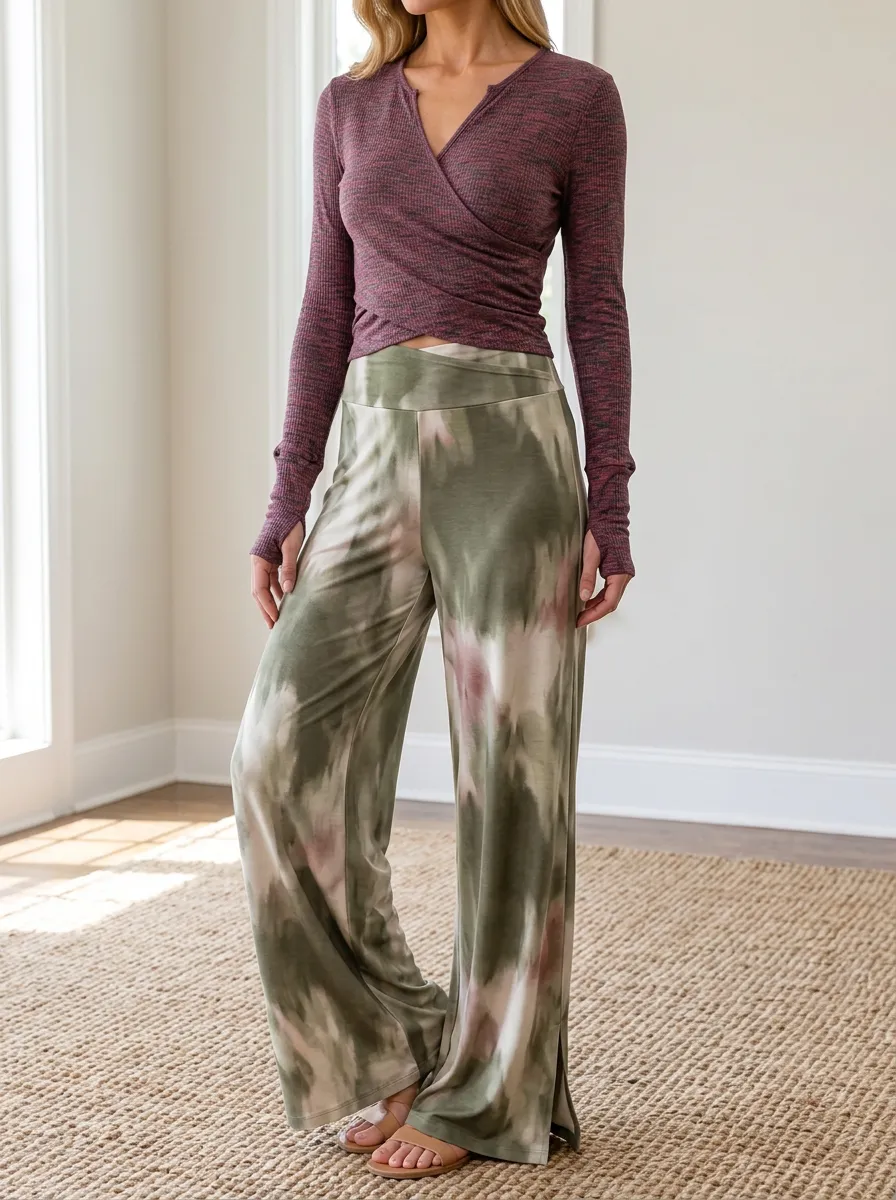 Women's Lounge Wrap-Front Ribbed Patterned Wide Leg Pants Set