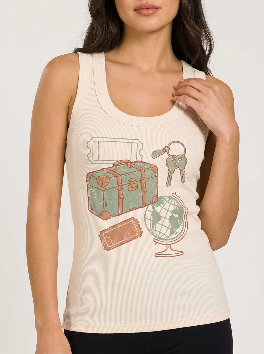 Women's Travel Lover Suitcase Globe Ticket Printed Tank Top