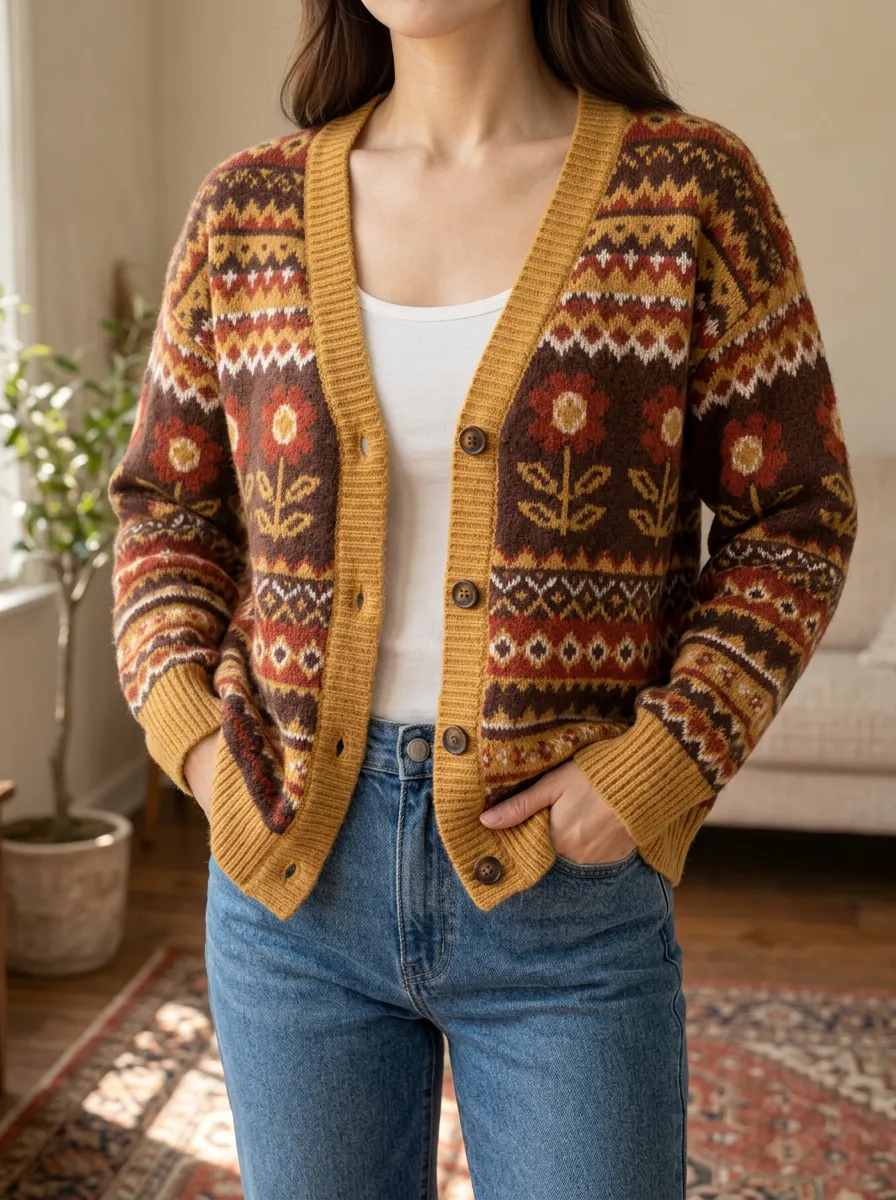 Women's Boho Floral Pattern Fair Isle Printed Cardigan