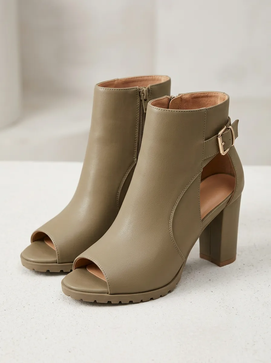 Cutout Buckle-Detail Women's Peep-Toe Ankle Boots