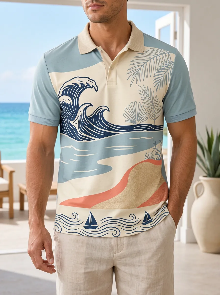 Men's Beach Lover Ocean Wave Palm Tree Printed Polo Shirt
