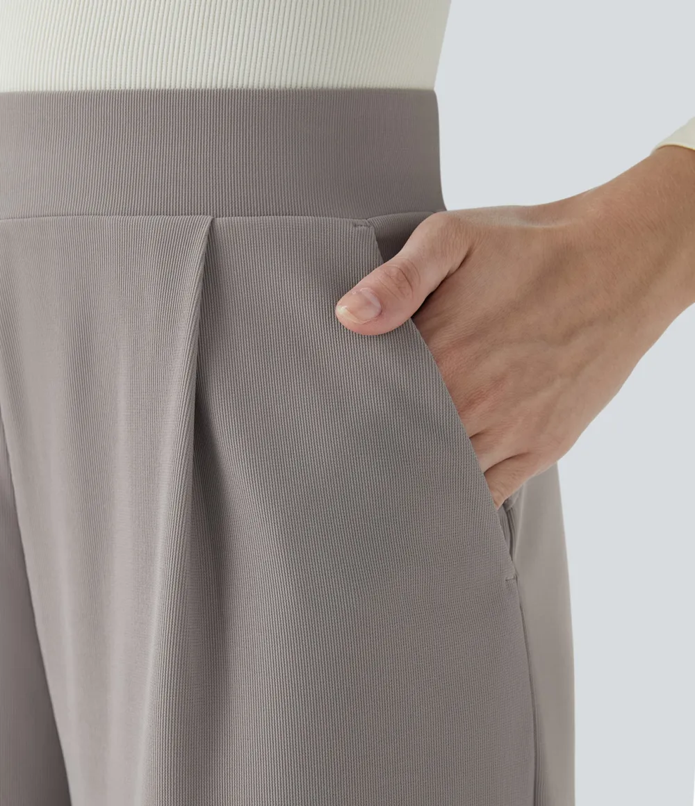  High Waisted Body Sculpt Waist-Slimming Side Pocket Wide Leg Micro Waffle Work Pants