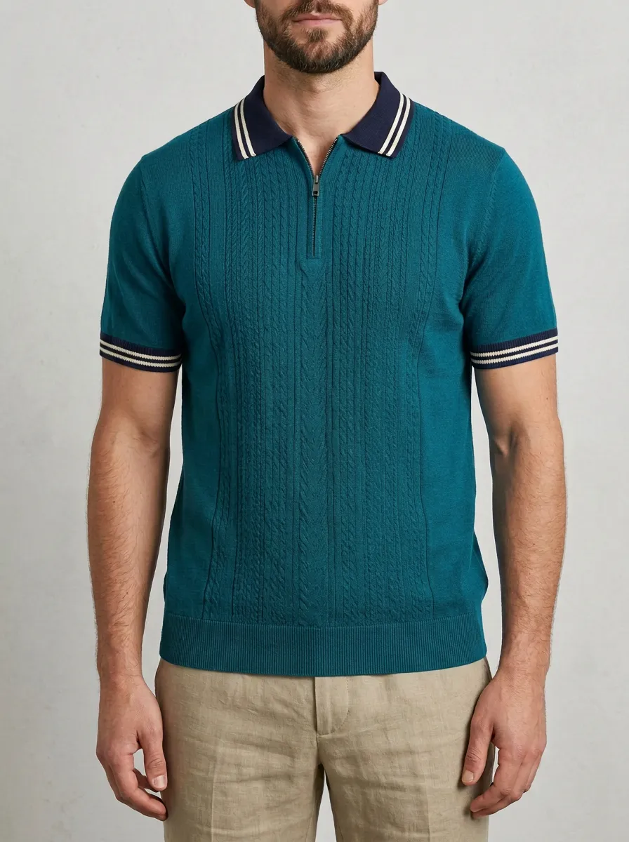 Men's Vintage Cable Knit Green Zip-Up Polo Shirt