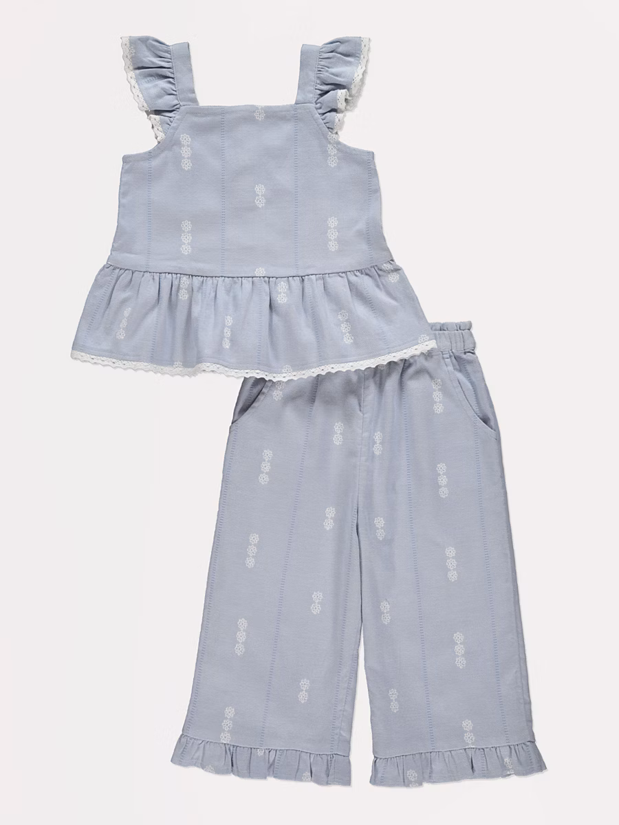 Blue Frill Lace Chambray Top & Trousers Set detail 1