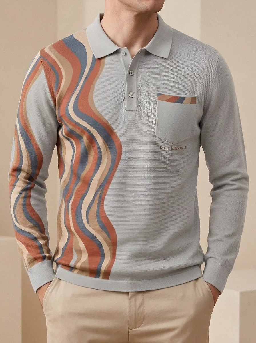 Men's Retro Wavy Stripe Pattern Printed Long Sleeve Polo Shirt