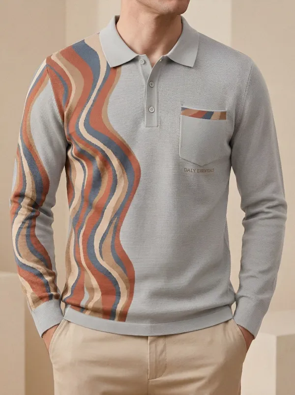 Men's Retro Wavy Stripe Pattern Printed Long Sleeve Polo Shirt