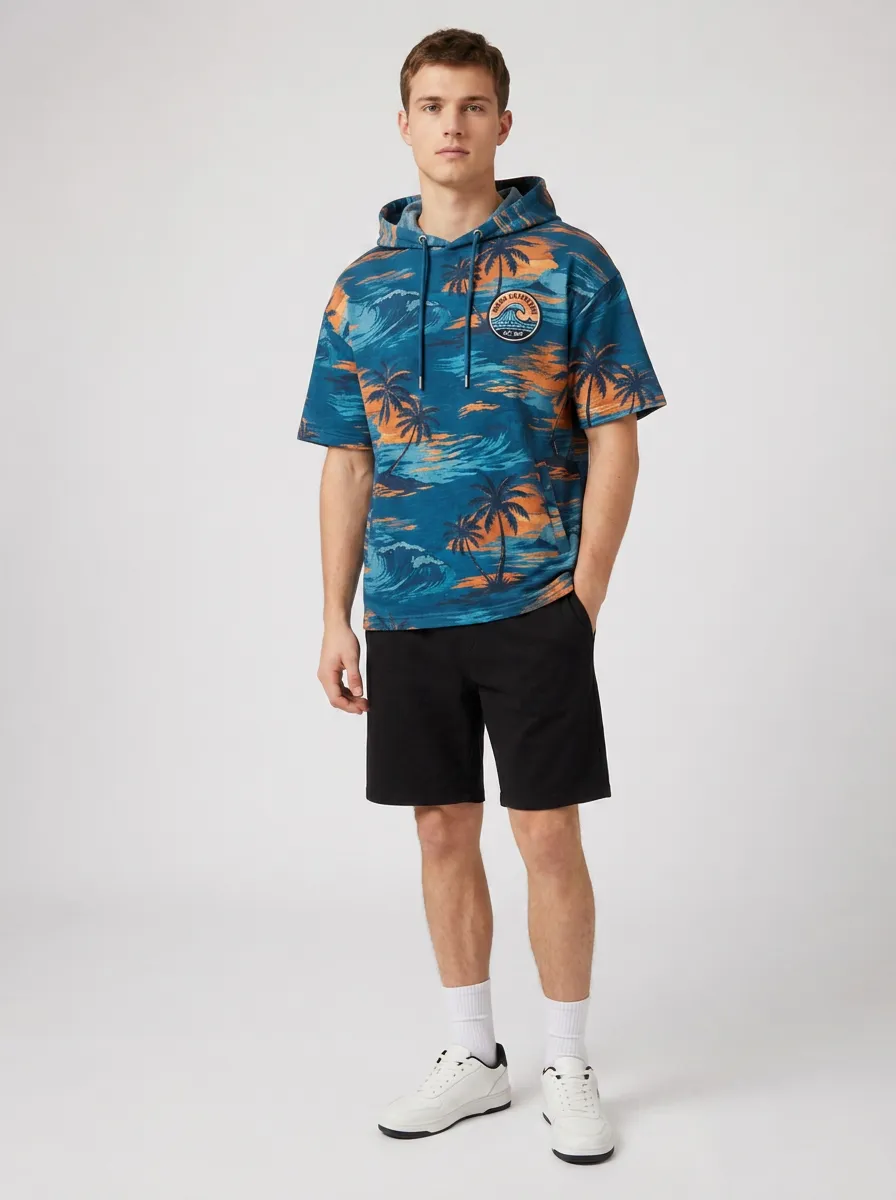 Men's Tropical Beach Surfer Palm Tree Printed Short Sleeve Hoodie