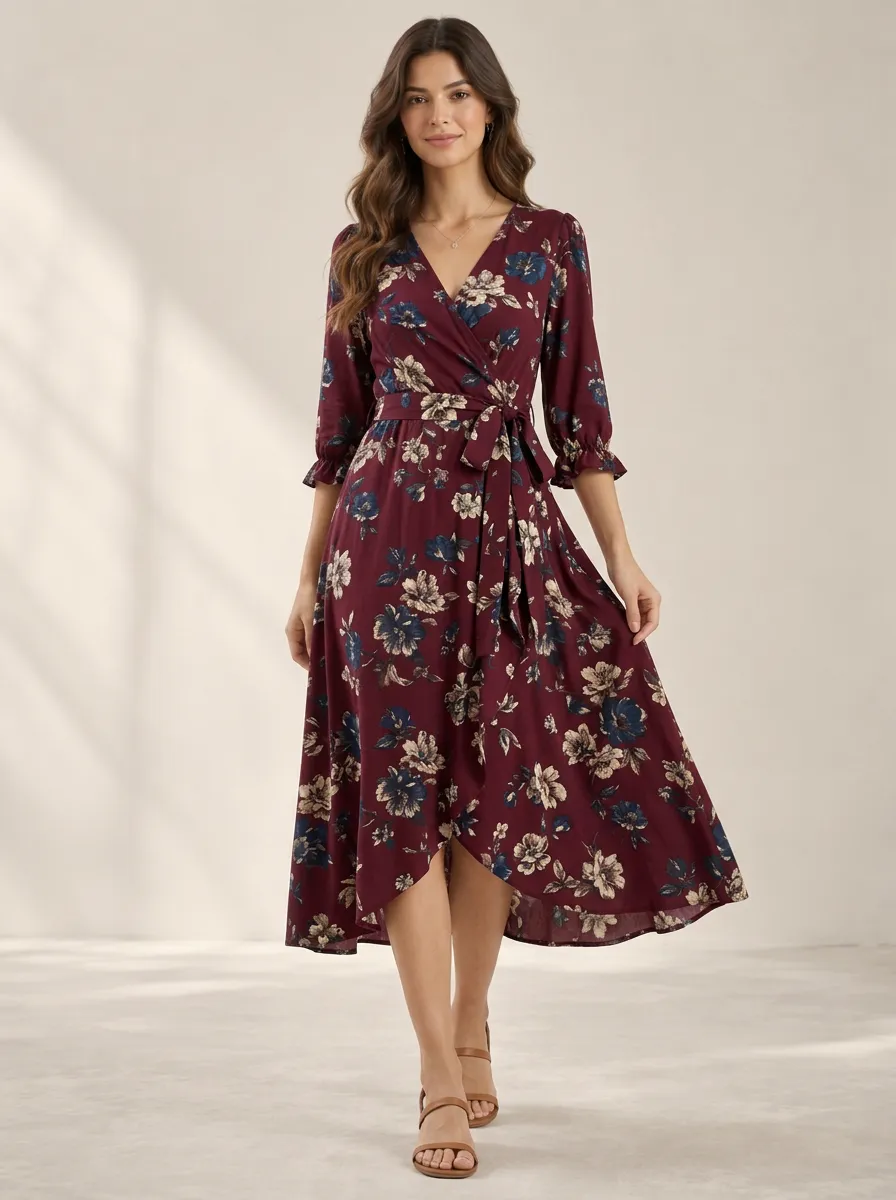 Women's Graceful Floral V Neck Wrap Printed Dress