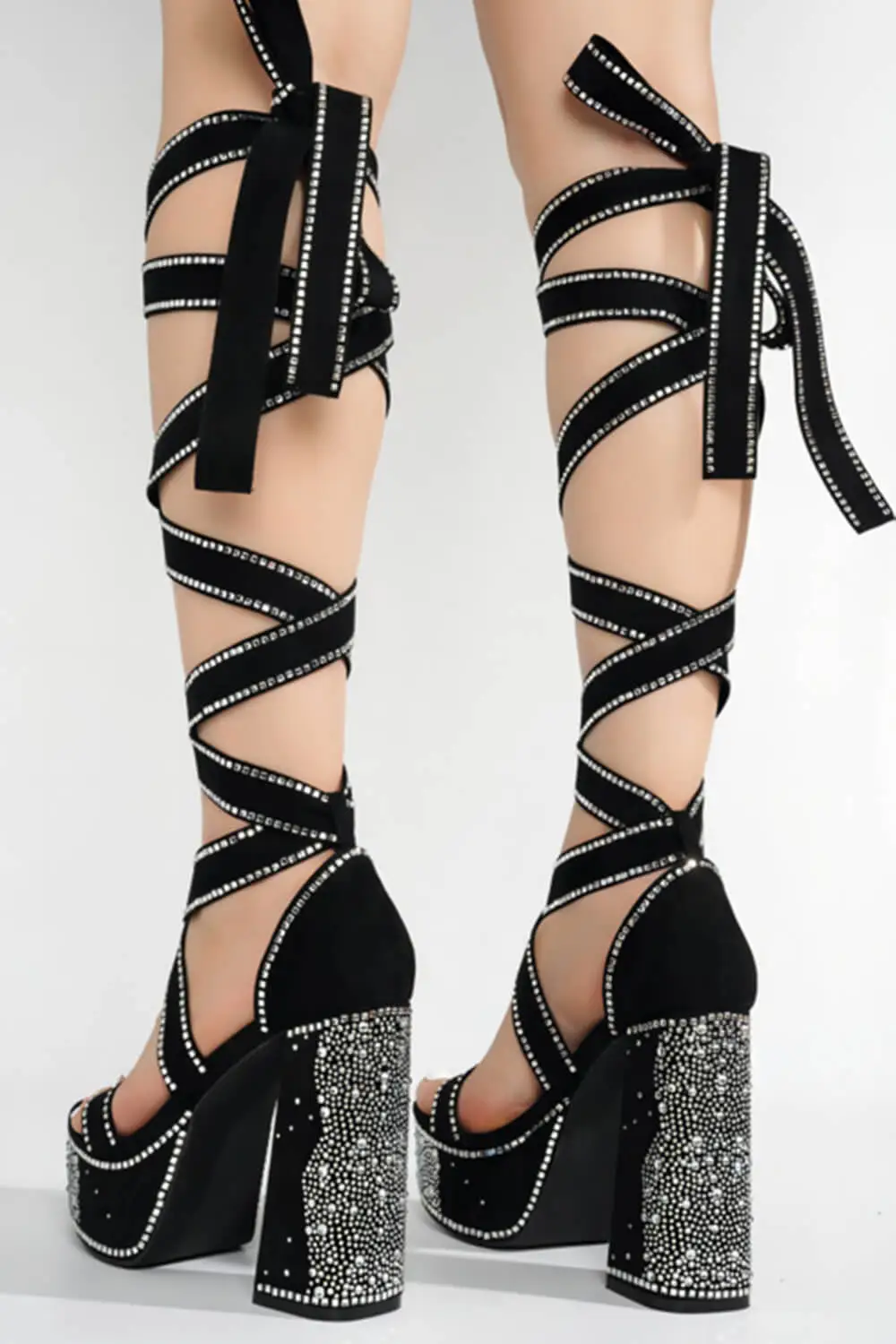 Rhinestone Embellished Lace Up Chunky