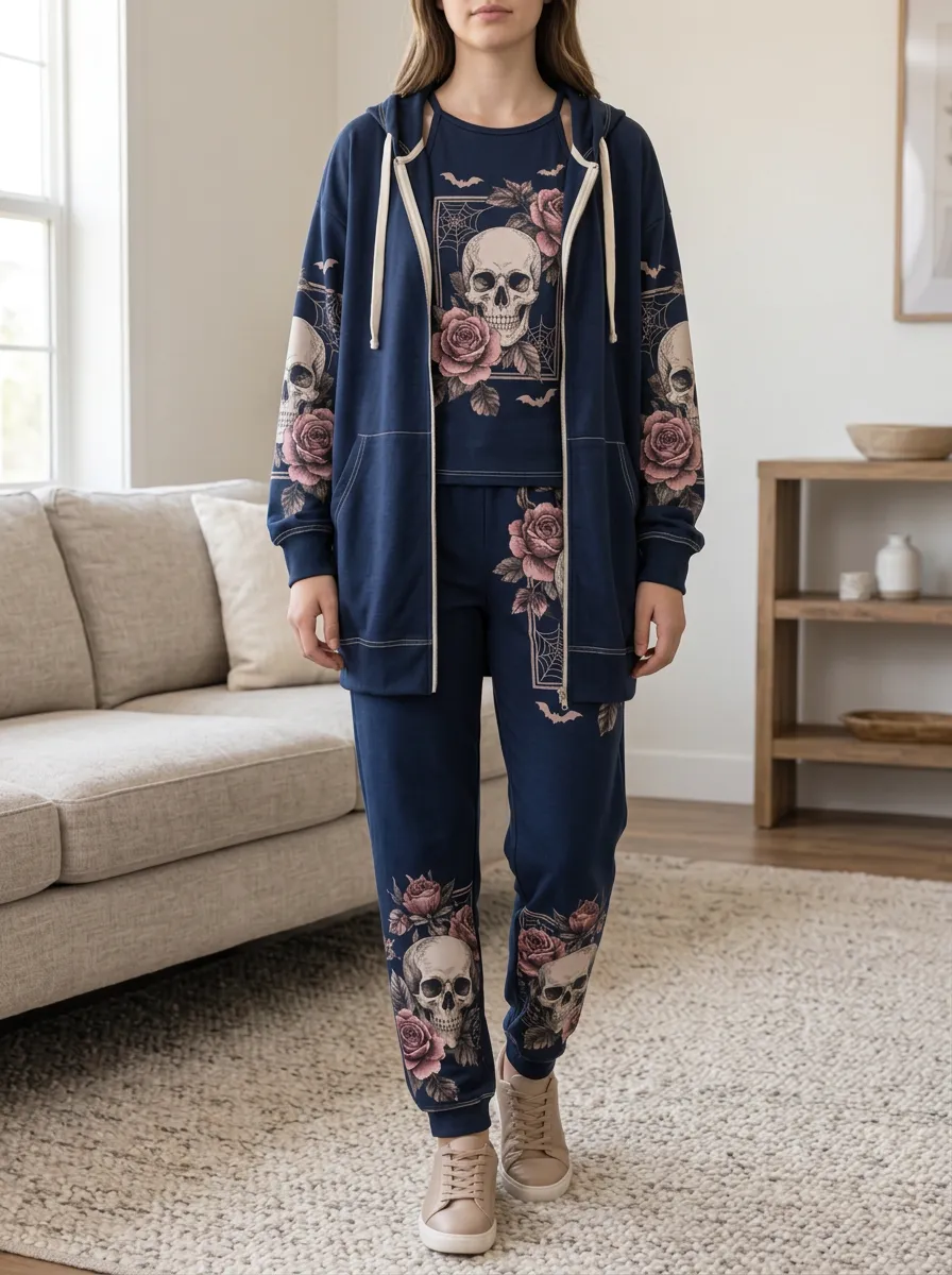 Women's Halloween Gothic Skull Rose Zip-Up Hoodie Jogger Set