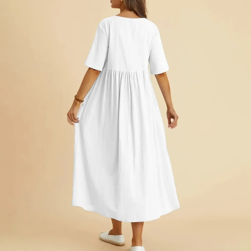 Short Sleeve Linen Blend Cotton Blend A-Line Dress
