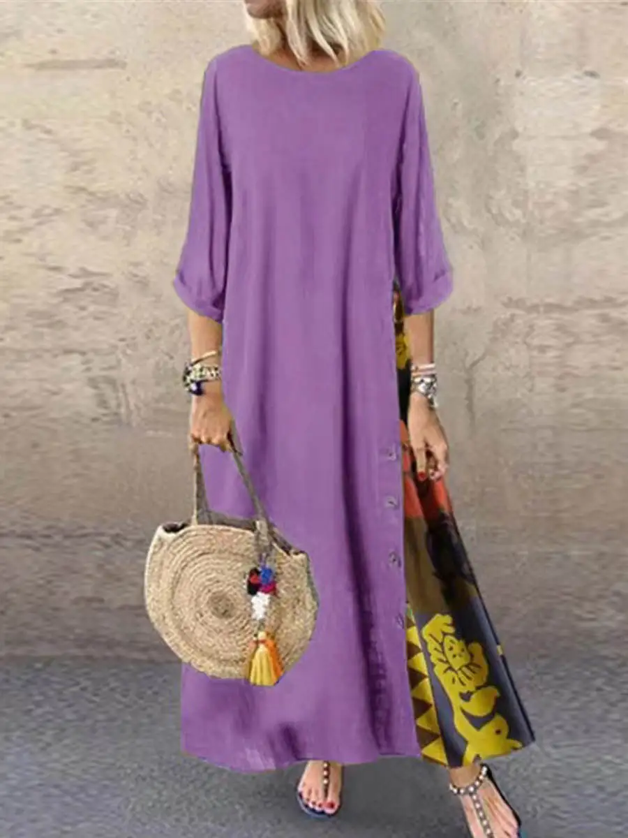 Printed Buttoned Neck Midi Dress