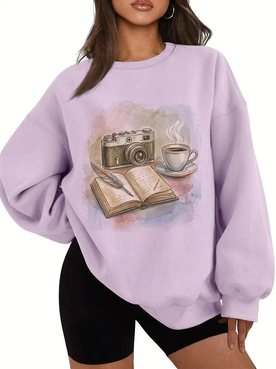 Women's Book Camera Coffee Graphic Sweatshirt