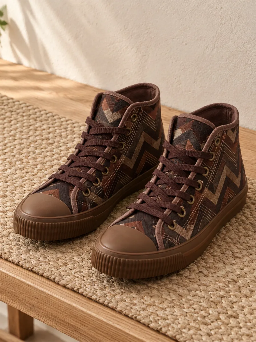 Men's Geometric Chevron Brown Printed Canvas Shoes