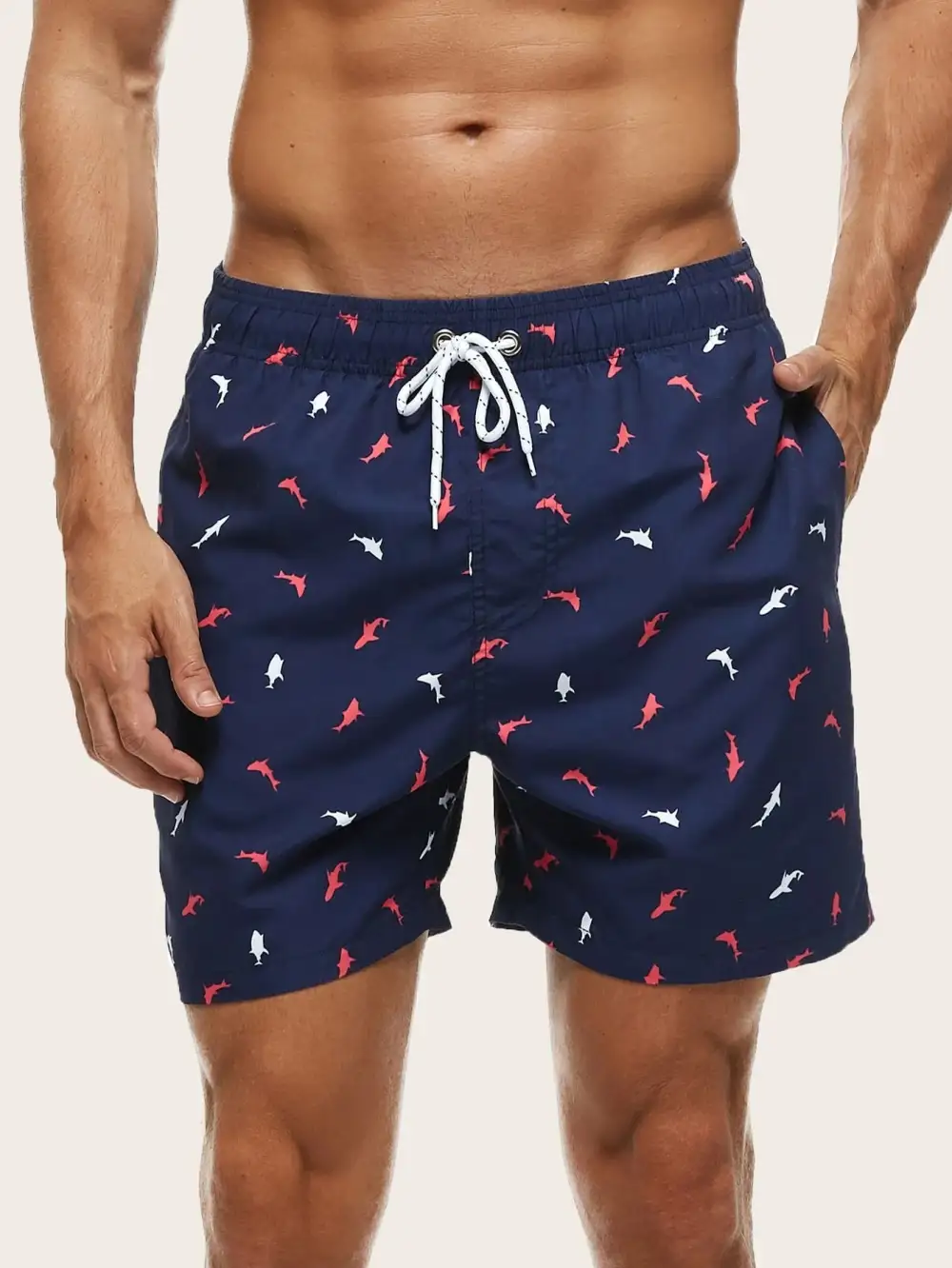 Men's Pocket Fish Print Drawstring Swim Trunks
