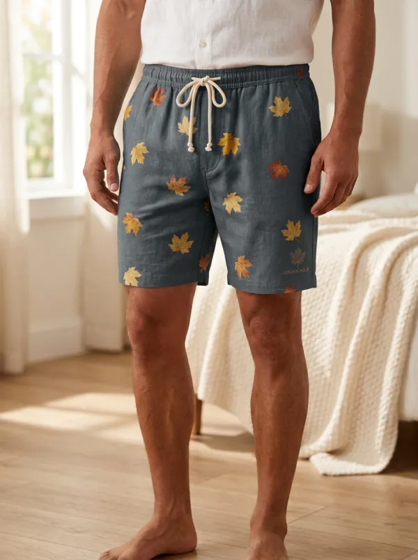 Maple Leaf Print Drawstring Adjustable Shorts