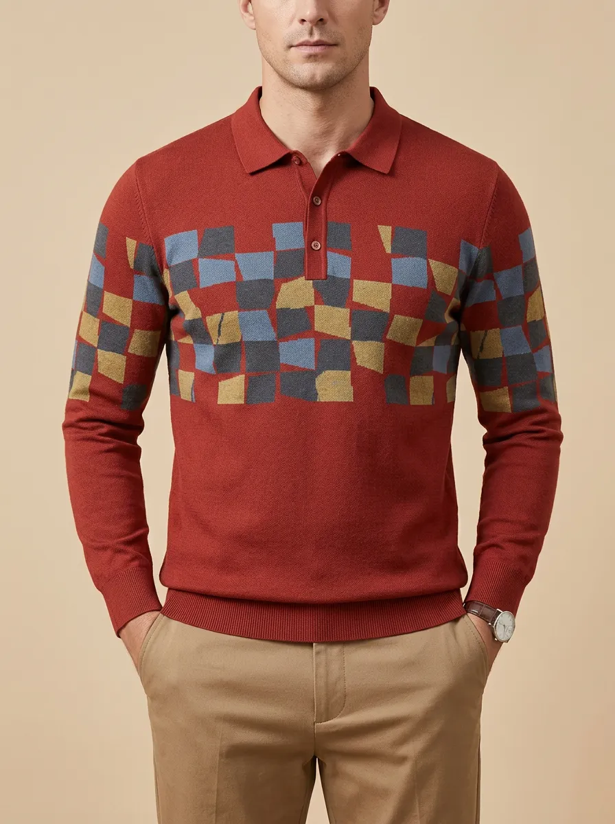 Men's Geometric Checkered Pattern Printed Long Sleeve Polo Shirt