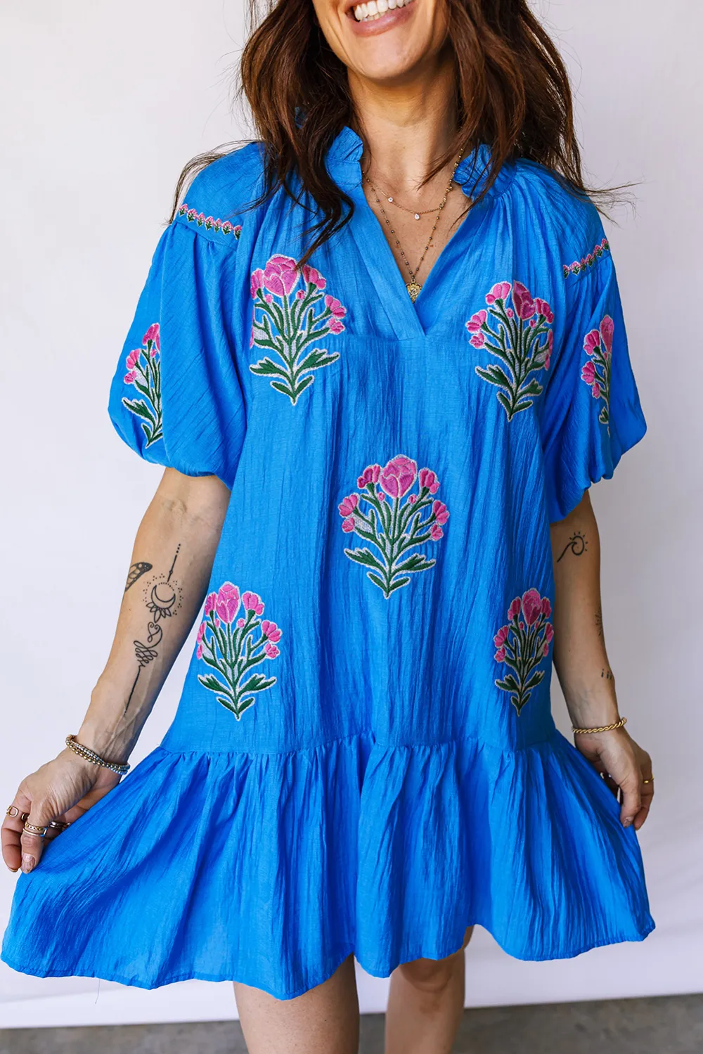 Blue Embroidered Ruffle Hem Dress