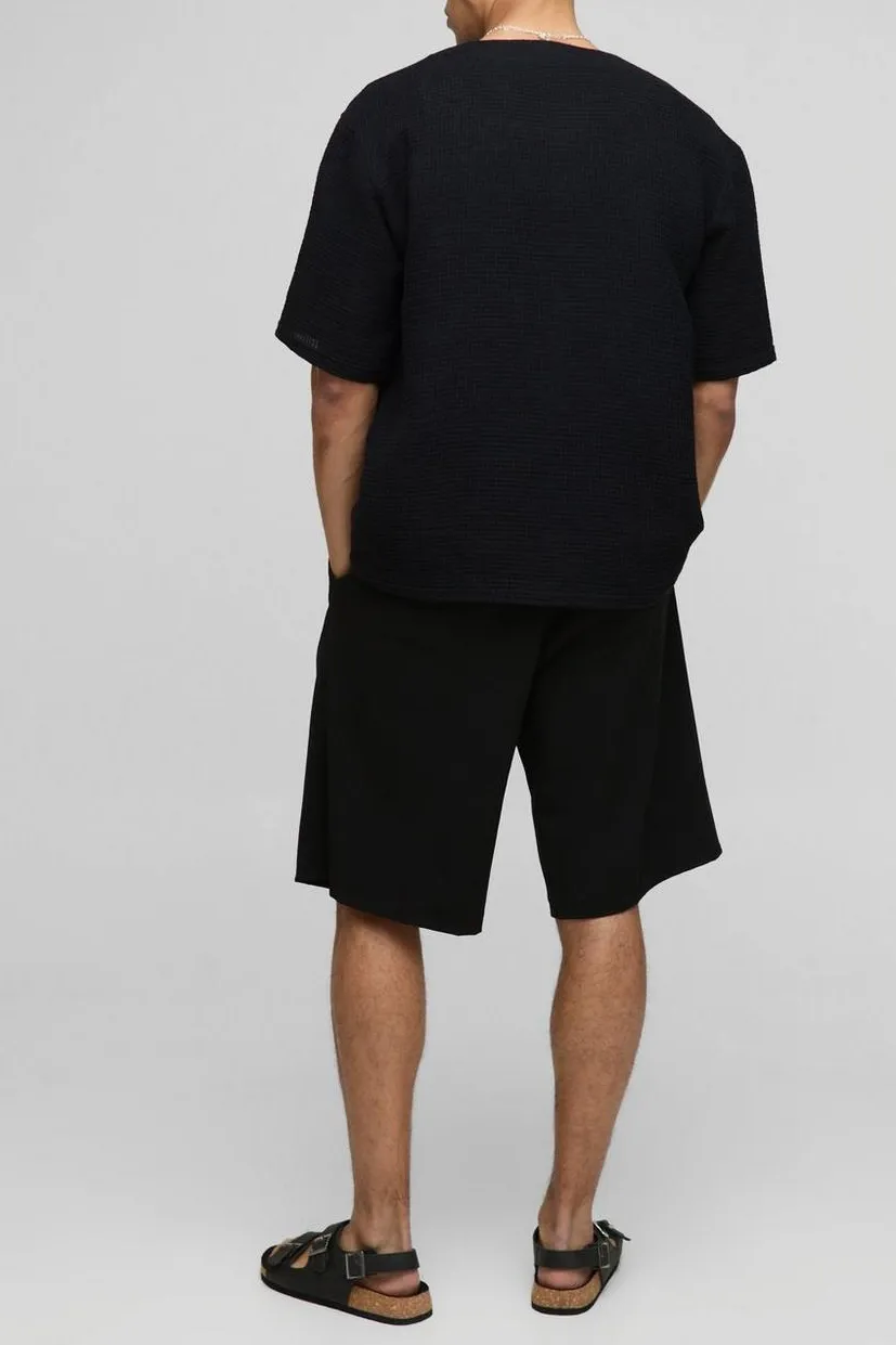 Oversized Collarless Waffle Crew Neck Shirt