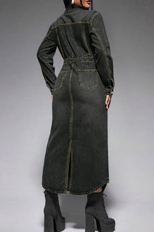 Washed Denim Mid-Slit Midi Dress