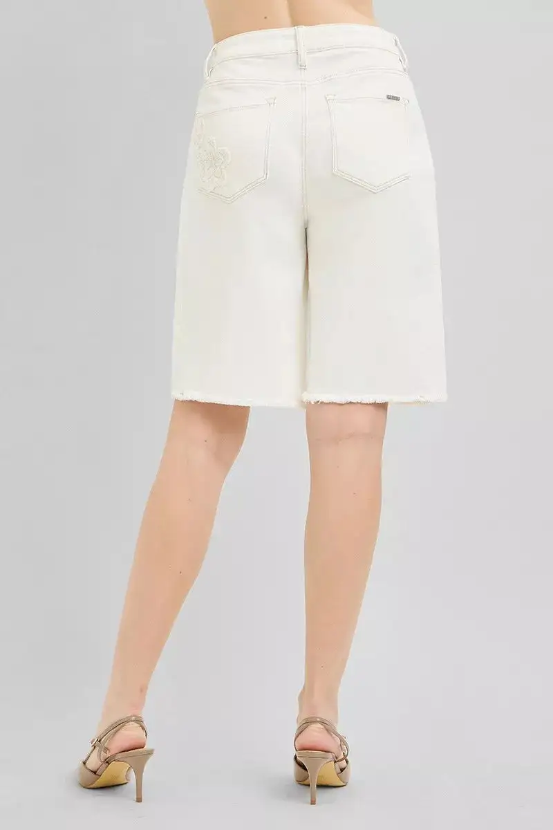 Raw-Hem Pocketed Bermuda Cotton Denim Shorts