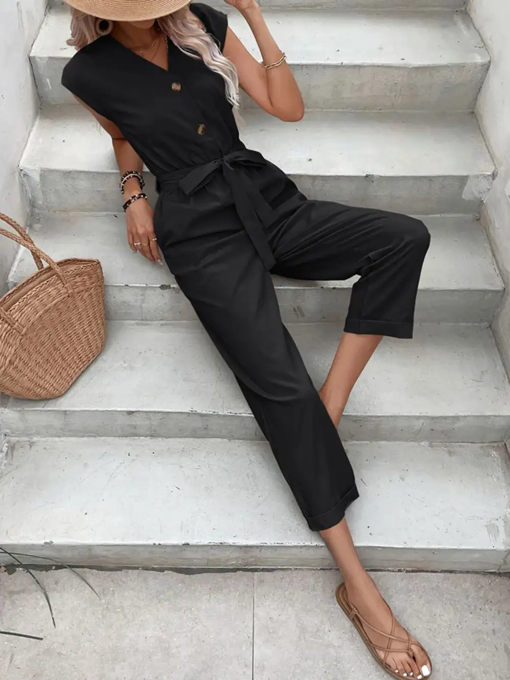 Button Front Tie Waist Jumpsuit
