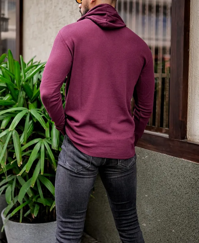 Maroon Ribbed Knit Long Sleeve Henley Shirt