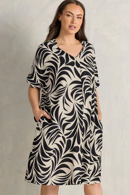 Cream Premium Linen Leaf Print Shift Dress