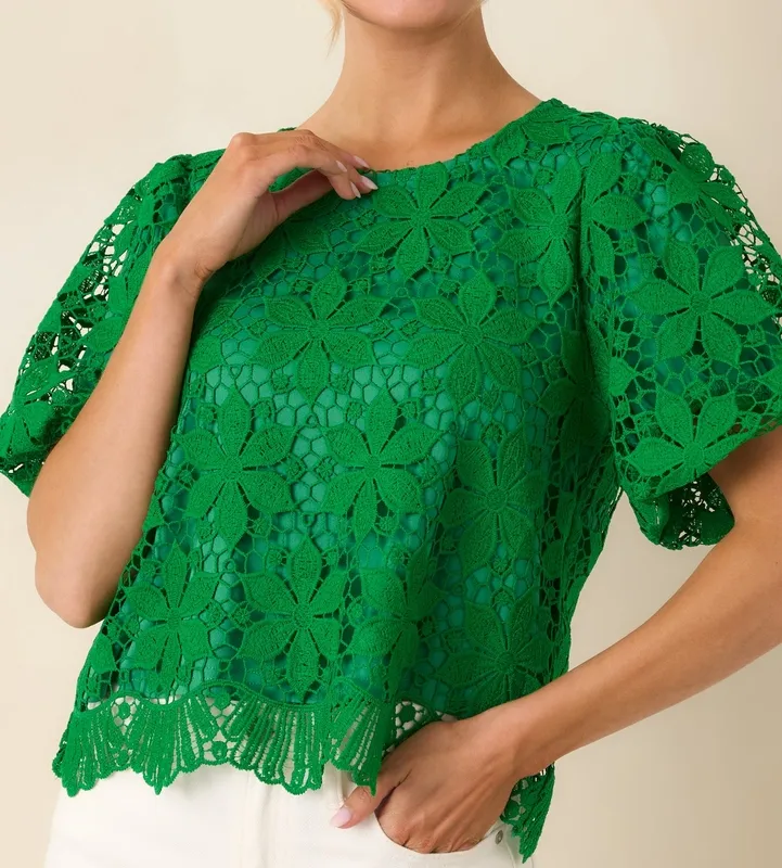 Green Floral Lace Top