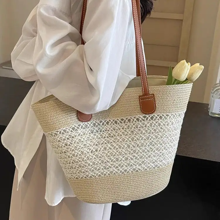 Structured Utility Straw Tote Bag
