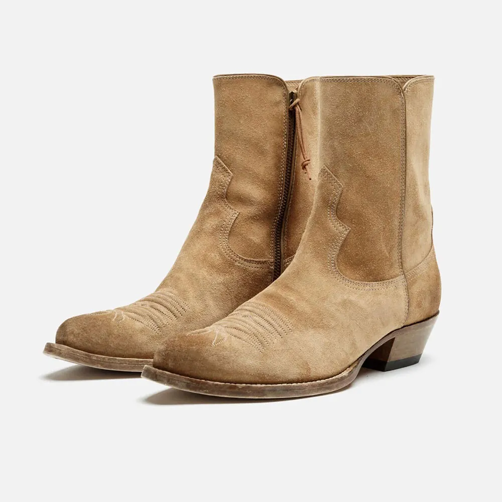 Faux-Suede Embroidered Zip-Up Snip-Toe Western Boots