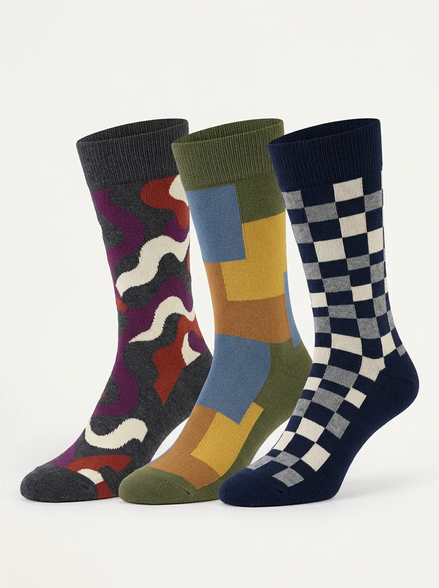 Men's Geometric Abstract Pattern Printed Three Pack Socks Pixel Detail